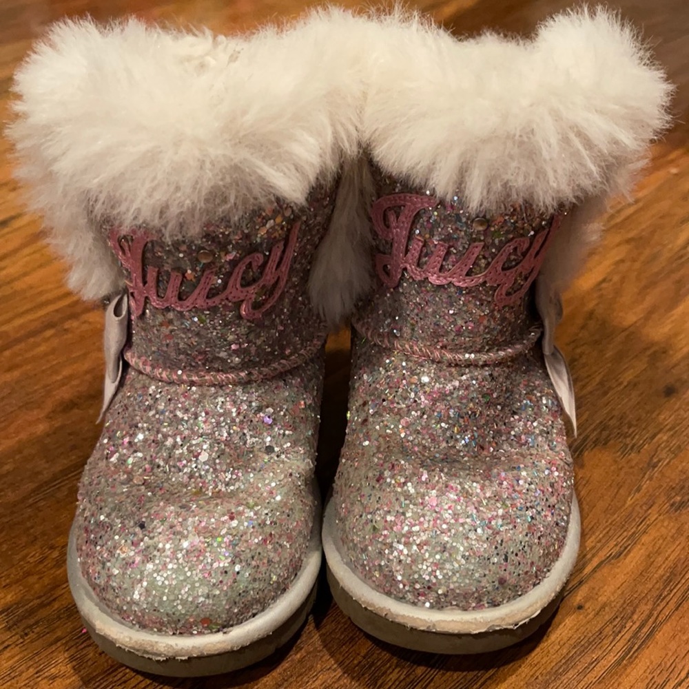 ToddlerGlittery silver and pink faux fur slip on …